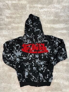 Von Dutch Black Hoodie with Gray Splatter and Red Logo Patch